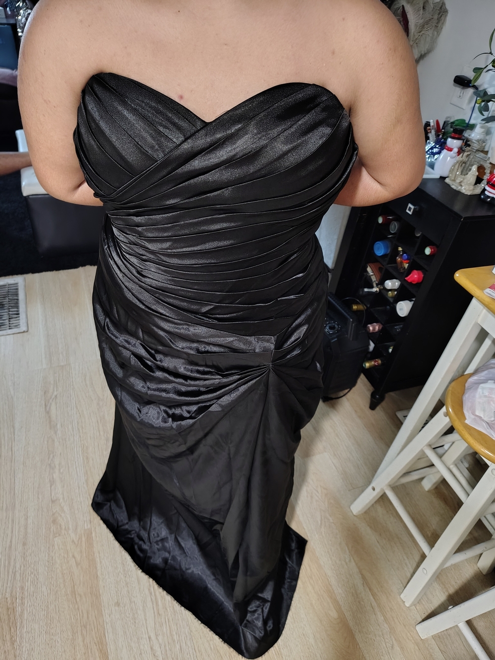 Aspeed Strapless Black Satin Ruched Evening Gown
